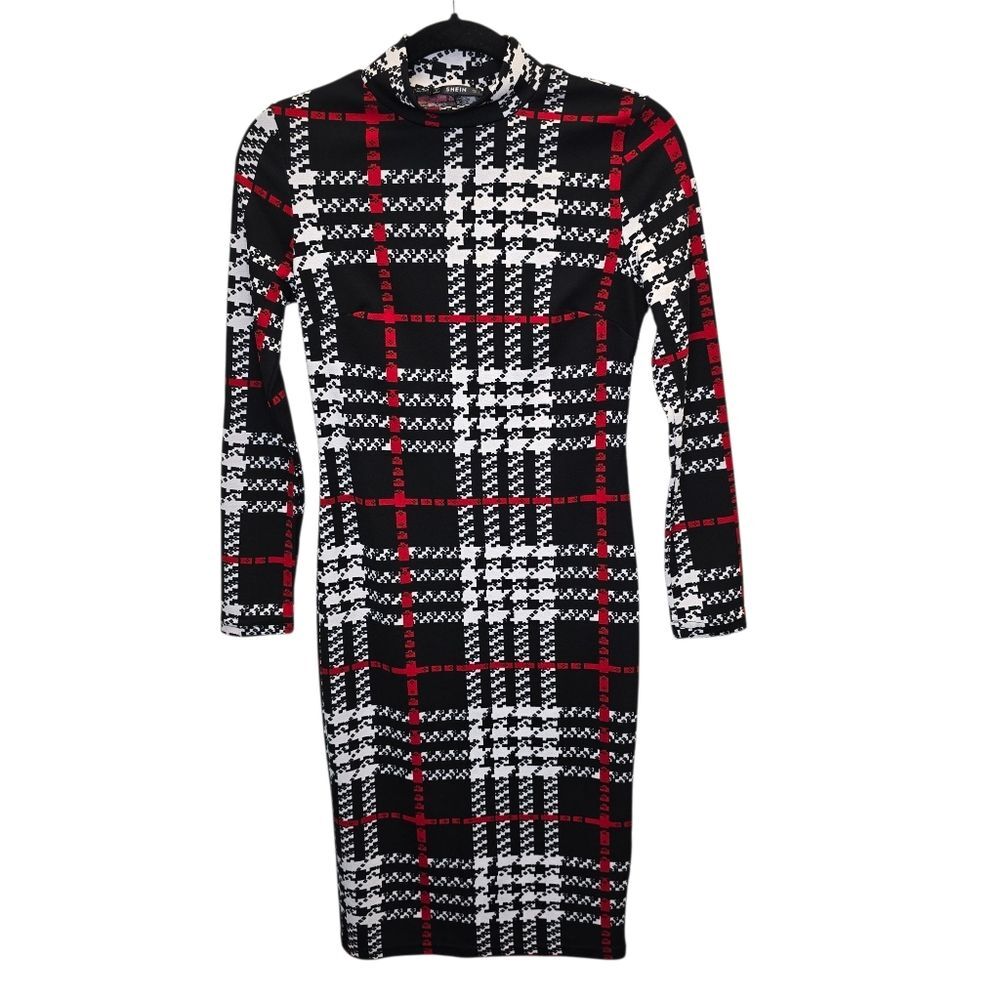 SHEIN Women's S Black Red & White Plaid Bodycon Mock Neck Long Sleeve Midi Dress